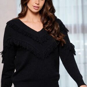V-NECK FRINGE DETAILED PULLOVER SOFT BLACK SWEATER HEM & THREAD SIZE LARGE NWT